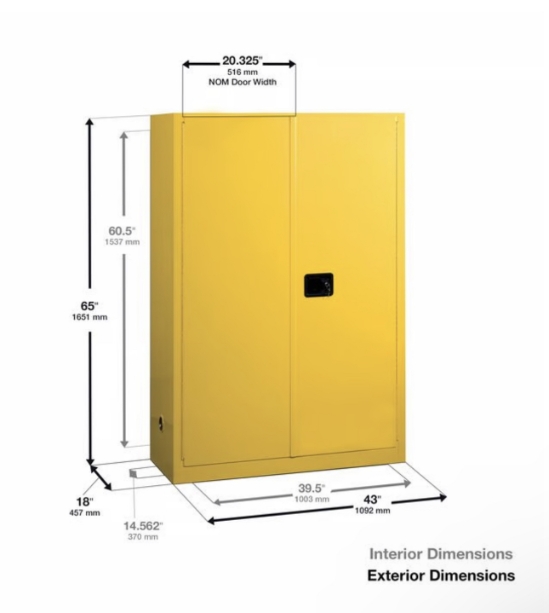 45 gallon flammable liquid safety cabinet 18-gauge steel 2 doors 2 shelves