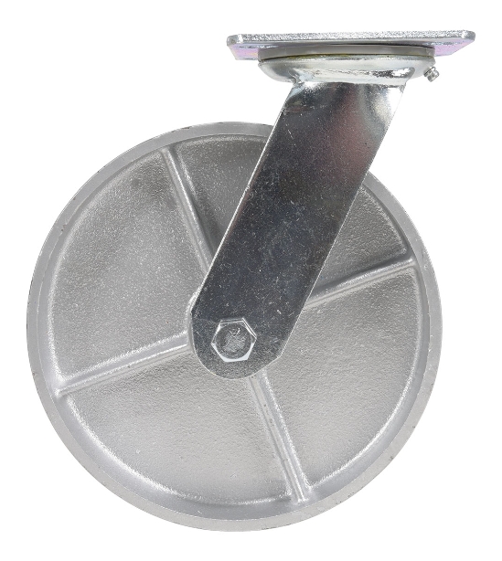 Cast iron steel swivel caster 8 inch diameter 2 inch width 1760 lb capacity silver zinc plated