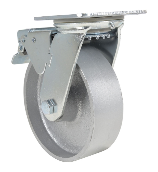 Cast iron swivel caster with total brake 6 inch diameter 2 inch width 1540 lb capacity
