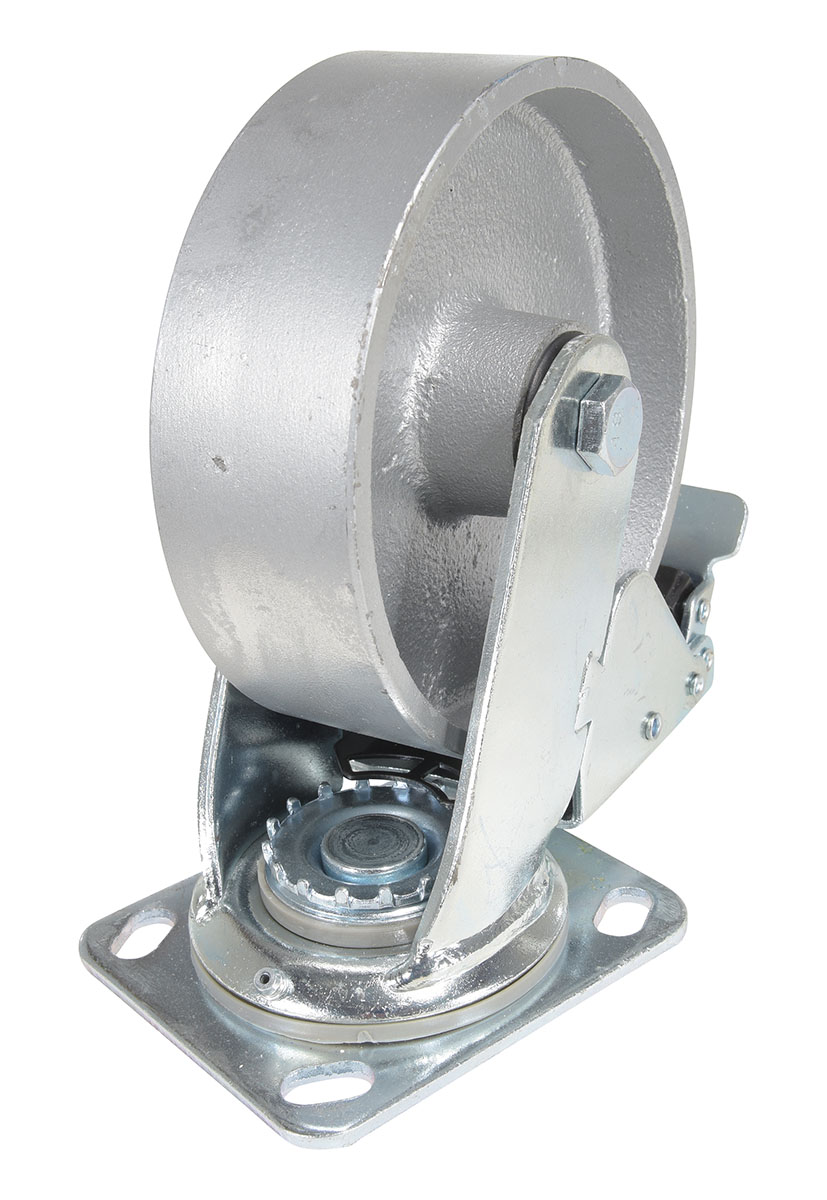 Cast iron swivel caster with total brake 6 inch diameter 2 inch width 1540 lb capacity