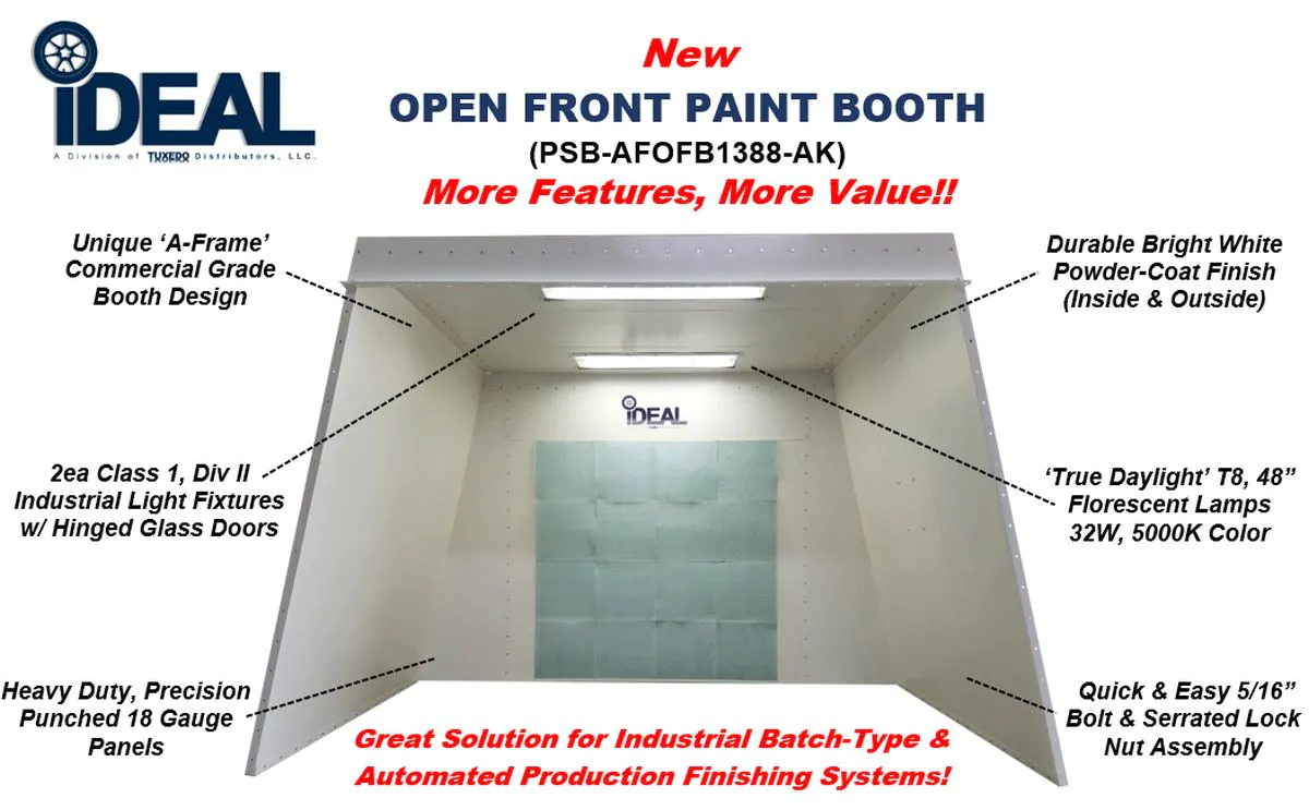 Commercial open front paint spray booth A-frame design for industrial batch finishing