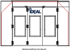 Side downdraft paint booth rear tri-fold drive-thru door kit with tempered glass and white finish