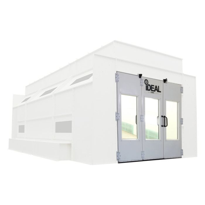 Side downdraft paint booth rear tri-fold drive-thru door kit with tempered glass and white finish