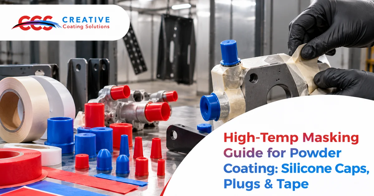 Creative Coating Solutions high temperature masking guide showing silicone caps plugs and polyester tape for powder coating