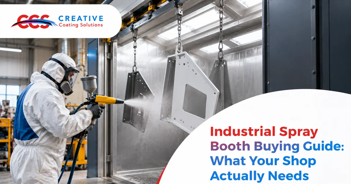 Creative Coating Solutions industrial spray booth buying guide showing powder spray booth setup for production shops across the USA