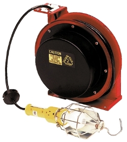 Steel electric cord reel with built-in work lamp and receptacle for shop lighting