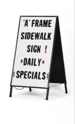 A-frame sidewalk sign with powder coated black metal frame and changeable letter panels for business advertising