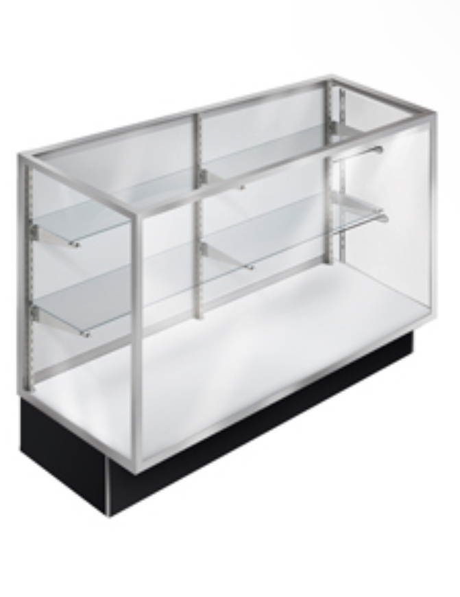 Metal frame 70-inch display case with two rows of split glass shelves and brushed aluminum finish