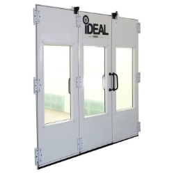 Side downdraft paint booth rear tri-fold drive-thru door kit with tempered glass and white finish
